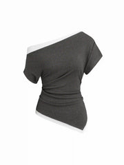 Asymmetrical Neck Two Tone Ruched Short Sleeve Top