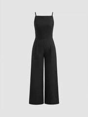 Cotton-blend Square Neck Solid Shirred Jumpsuit