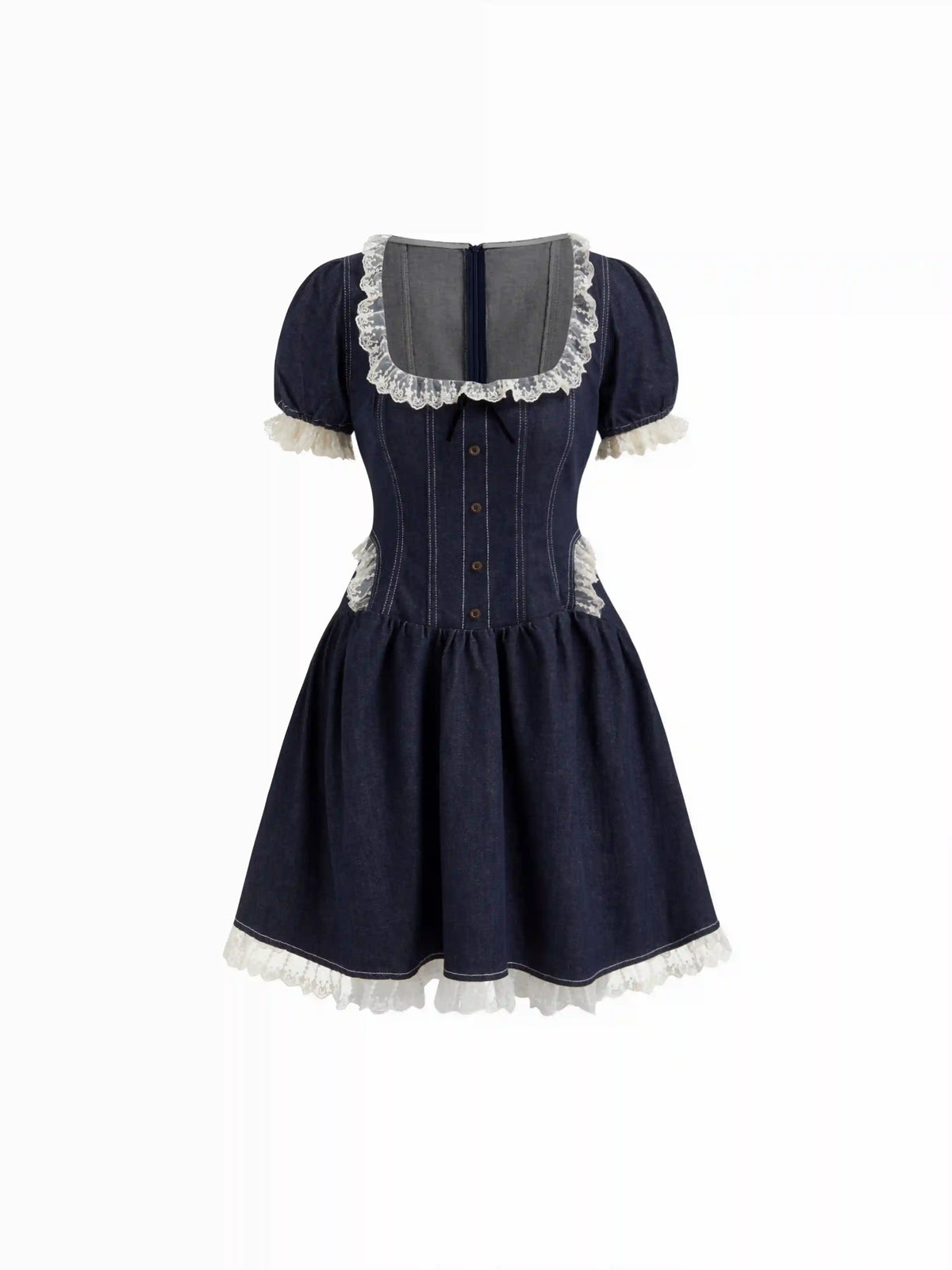 Stretch Denim Lace Trim Puff Sleeve A-line Mini Dress
