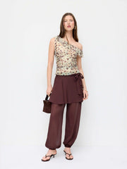 Mesh Leopard Asymmetrical Neck Bowknot Ruffle Blouse