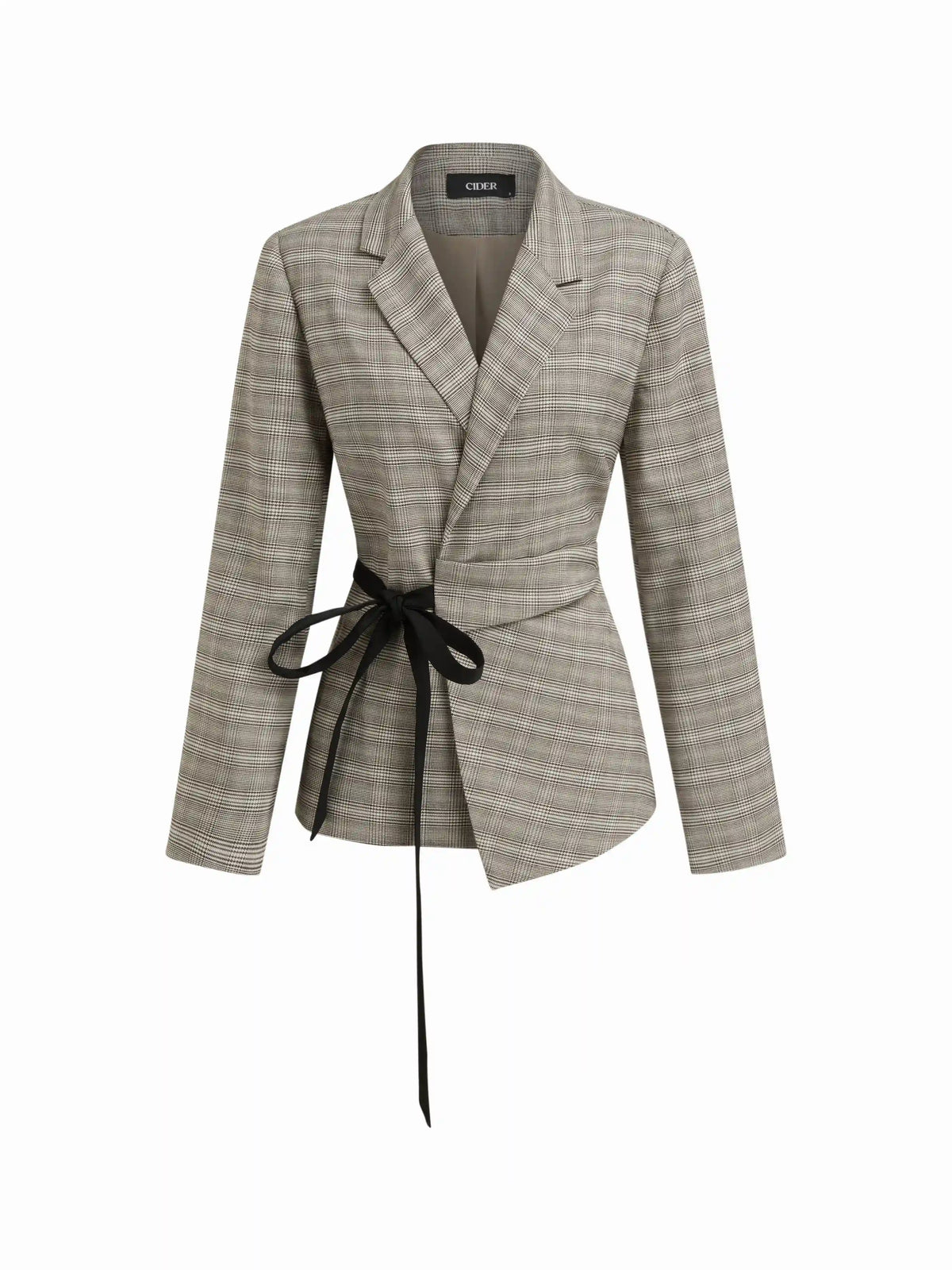 Houndstooth Notched Collar Tie Side Bowknot Asymmetrical Hem Blazer