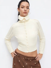 Knit Collar Solid Hollow Out Long Sleeve Cardigan
