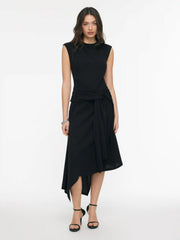 Round Neck Belted Asymmetrical Hem Midi Dress