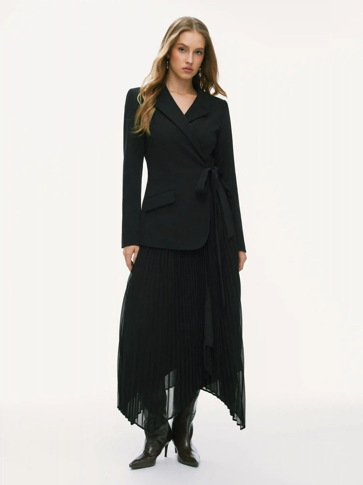 Notched Collar Tie Pleated Blazer Maxi Dress