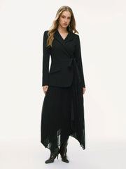 Notched Collar Tie Pleated Blazer Maxi Dress