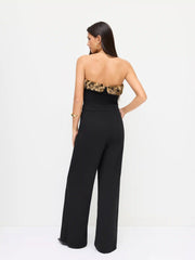Leopard Faux Fur Trim Wide Leg Bandeau Jumpsuit