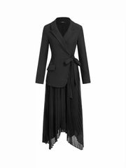 Notched Collar Tie Pleated Blazer Maxi Dress