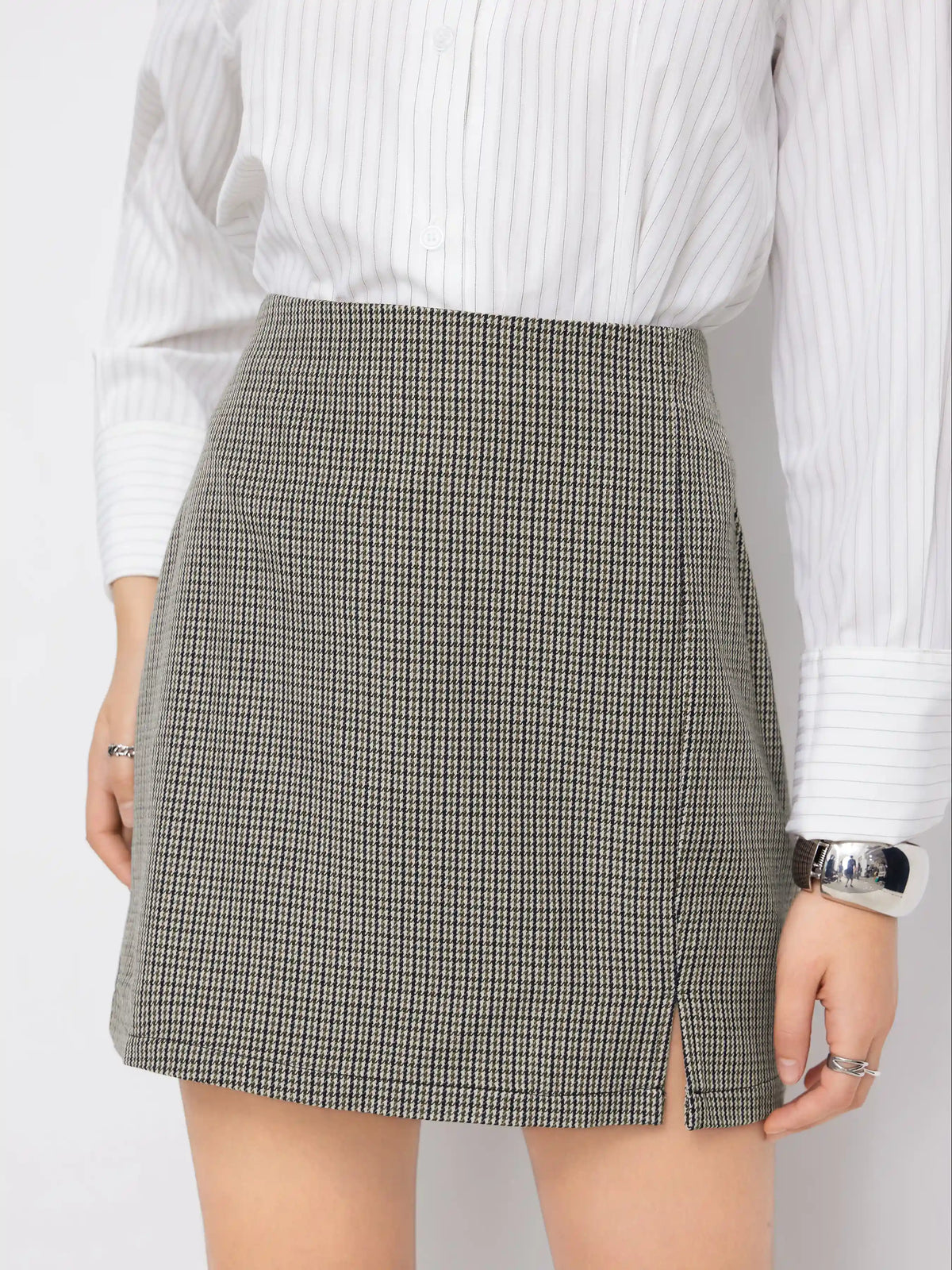 Houndstooth High Waist Split Mini Skirt