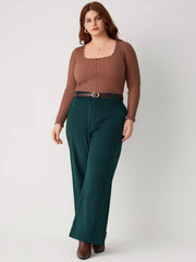 Corduroy Middle Waist Pocket Straight Leg Trousers With Belt Curve & Plus