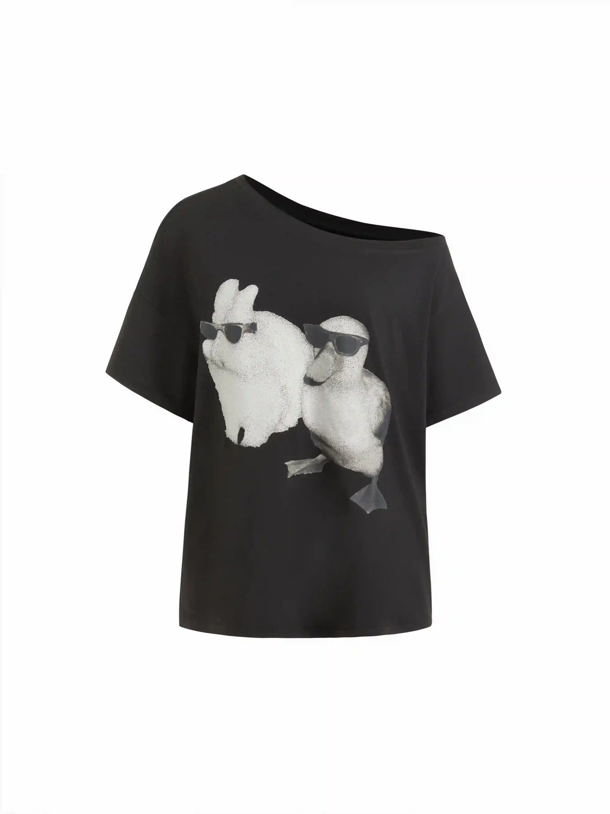 Asymmetrical Neck Rabbit & Duck Graphic Tee