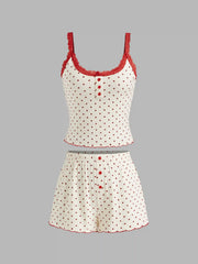 Cotton-blend U-neckline Polka Dot Lace Trim Cami Top & Mid Rise Shorts Loungewear Set
