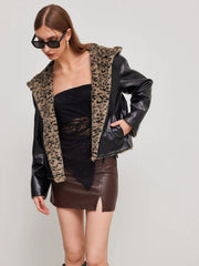Faux Shearling Hooded Jacket With Leopard Lining