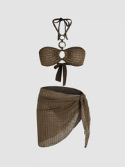 Halter O-Ring Linked Bikini Set With Sarong