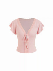 V-neck Lace Trim Tie Front Bell Sleeve Tops
