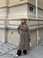 Double Breasted Tweed Houndstooth Coat With Belt