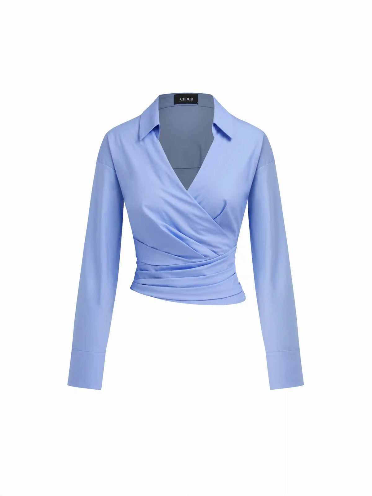 Cotton-blend Collar V-neck Wrap Ruched Cinched Waist Shirt