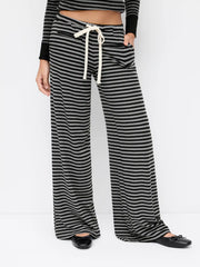 Mid Rise Stripe Drawstring Wide Leg Trousers