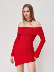 Rib Off-shoulder Asymmetrical Bell Sleeve Mini Dress