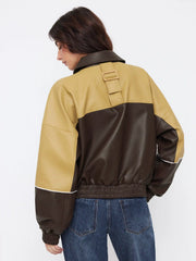 Faux Leather Collar ColorBlock Oversized Jacket