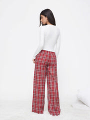 Bowknot Graphic Round Neckline Top & Plaid Mid Rise Elastic Waist Straight Leg Trousers Loungewear Set