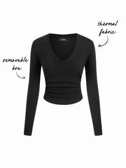 Thermal Cotton-blend V-neck Ruched Cinched Waist Long Sleeve Tee With Removable Bra
