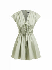 Cotton-blend V-neck Shirred Waist Mid Rise Romper
