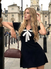Knit Lace Trim Bowknot A-line Mini Dress