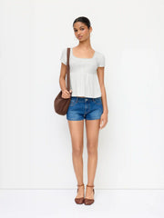 Cotton-blend Scoop Neck Babydoll Lace Trim Peplum Short Sleeve Top