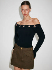 Washed Denim Low Rise Studded Pocket A-line Micro Mini Skirt