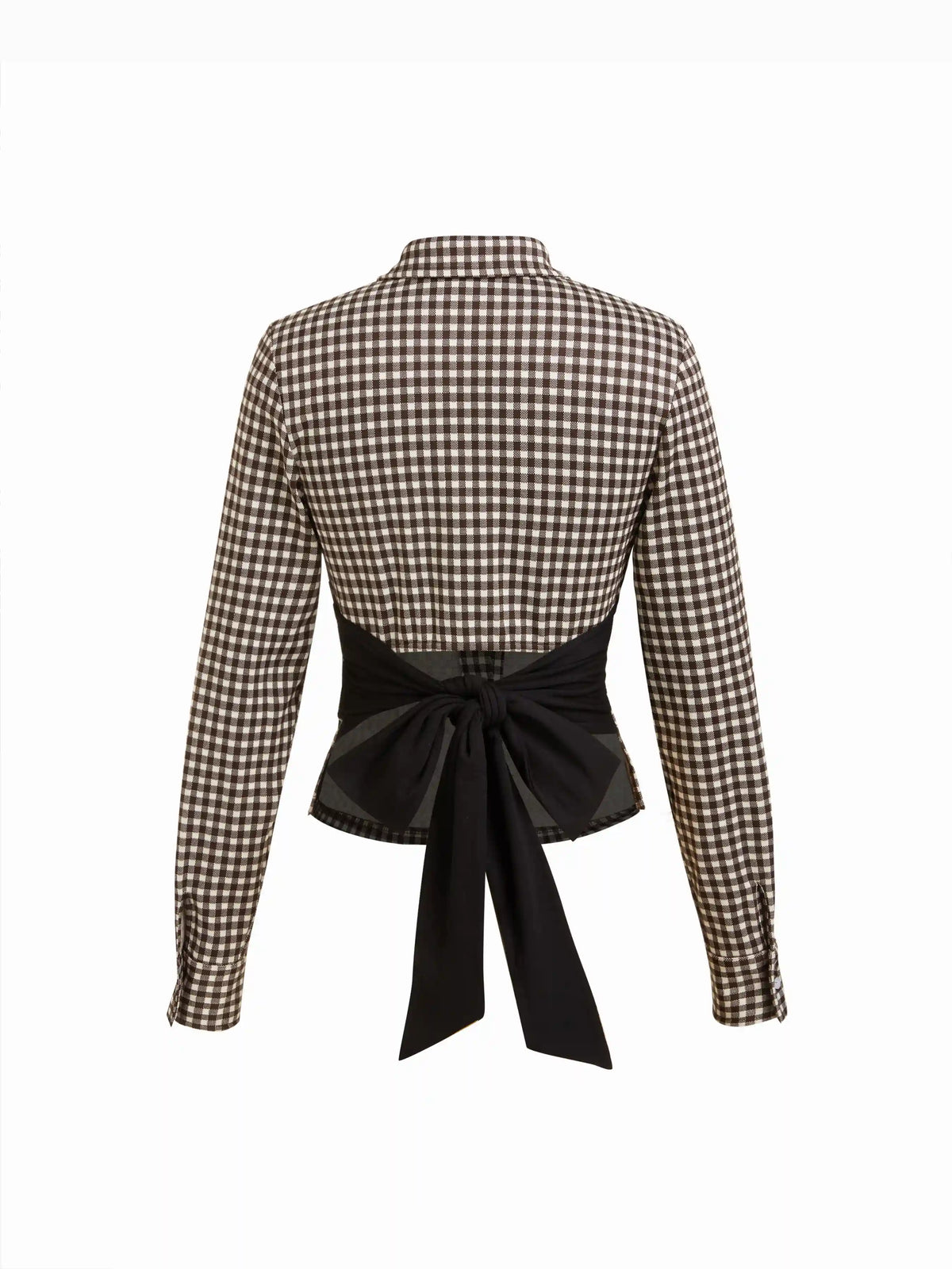 Cotton-blend Collar Long Sleeve Gingham & Bowknot & Two Tone Blouse