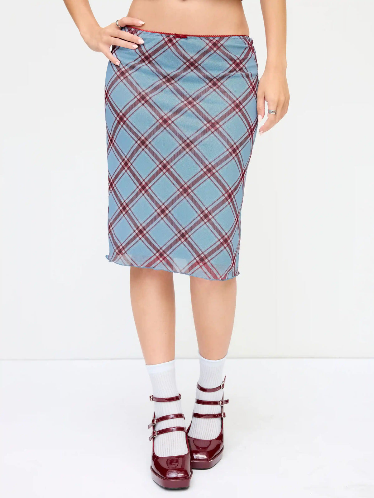 Mesh Plaid Mid Rise Bowknot Midi Skirt