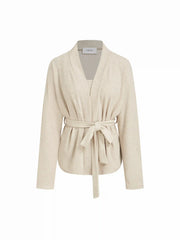 Terry Long Sleeve Top With Belt With Tank Crop Top & High Rise Flared Trousers Loungewear Set