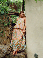 Chiffon Tie Dye V-neck Backless A-line Maxi Dress
