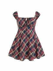 Cotton Plaid Square Neck Puff Sleeve Mini Dress Curve & Plus