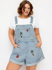 Denim Nature Embroidery Mid Rise Metal Detail Short Overalls Curve & Plus