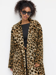 Oversized Leopard Notched Collar Button Faux Fur Longline Coat