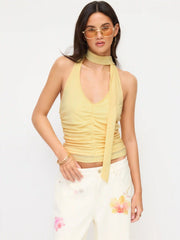Textured Halter Neckline Ruched Slim Top With Scarf