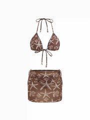 Halter Triangle Starfish Graphic Low Rise 3 Piece Bikini Set With Skirt