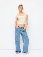 Textured Scoop Neck Short Sleeve Lace Panel Crop Top