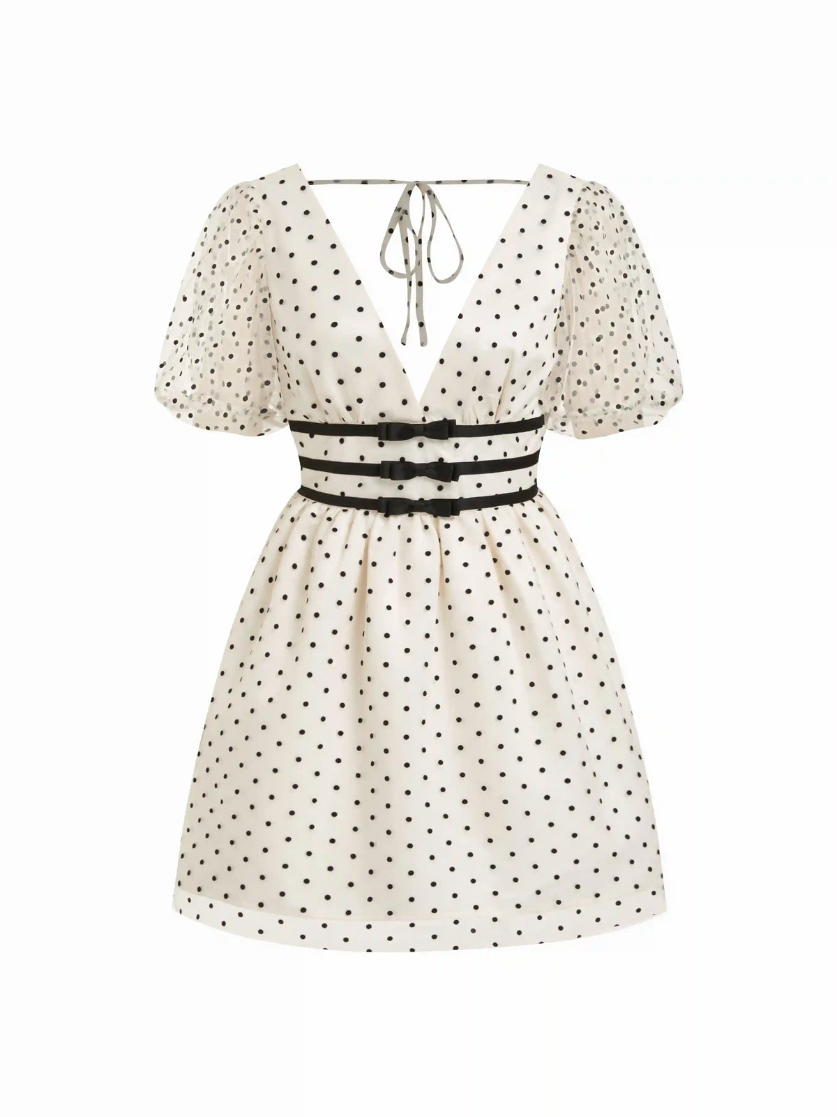 Mesh V-neck Puff Sleeve Polka Dot A-line Mini Dress