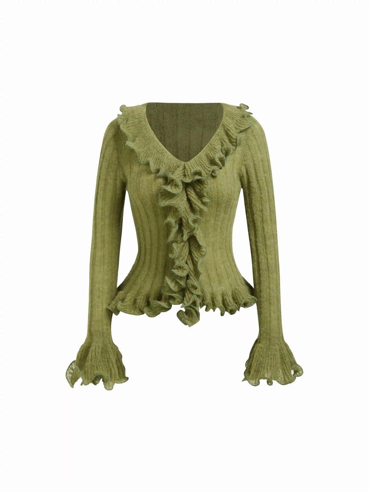 Wool-blend Knit V-Neck Lettuce Trim Ruffle Sleeve Cardigan