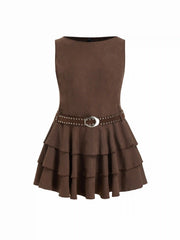 Round Neckline Layered Hem Mini Dress With Studded Belt Curve & Plus