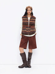 Fleece Aztec Stand Collar Drawstring Zip Through Oversized Jacket Vest