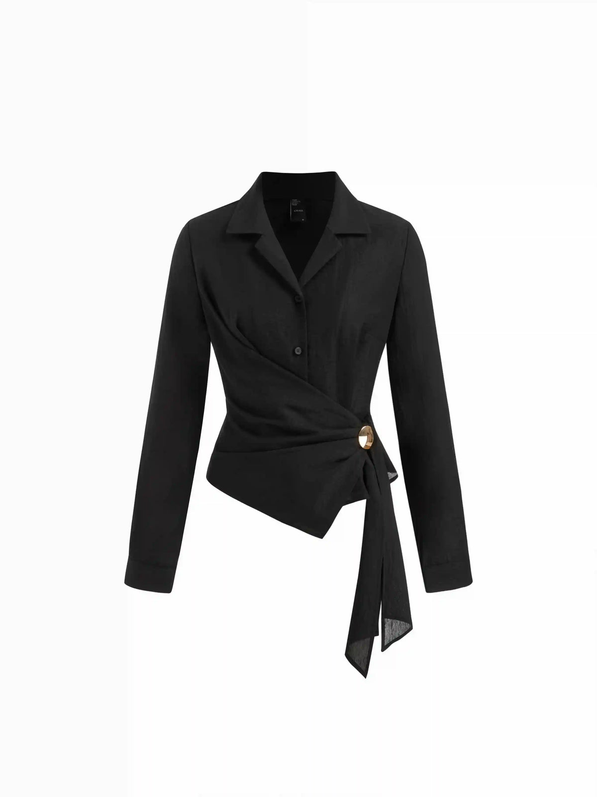 Collar Wrap Metal Detail Ruched Long Sleeve Shirt