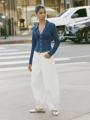 Stretch Denim Collar Ruched Metal Button Blouse