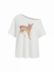 Cotton-blend Deer Graphic Asymmetrical Neck Oversized Tee