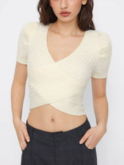 Cable Knit V-neck Short Sleeve Criss Cross Wrap Top
