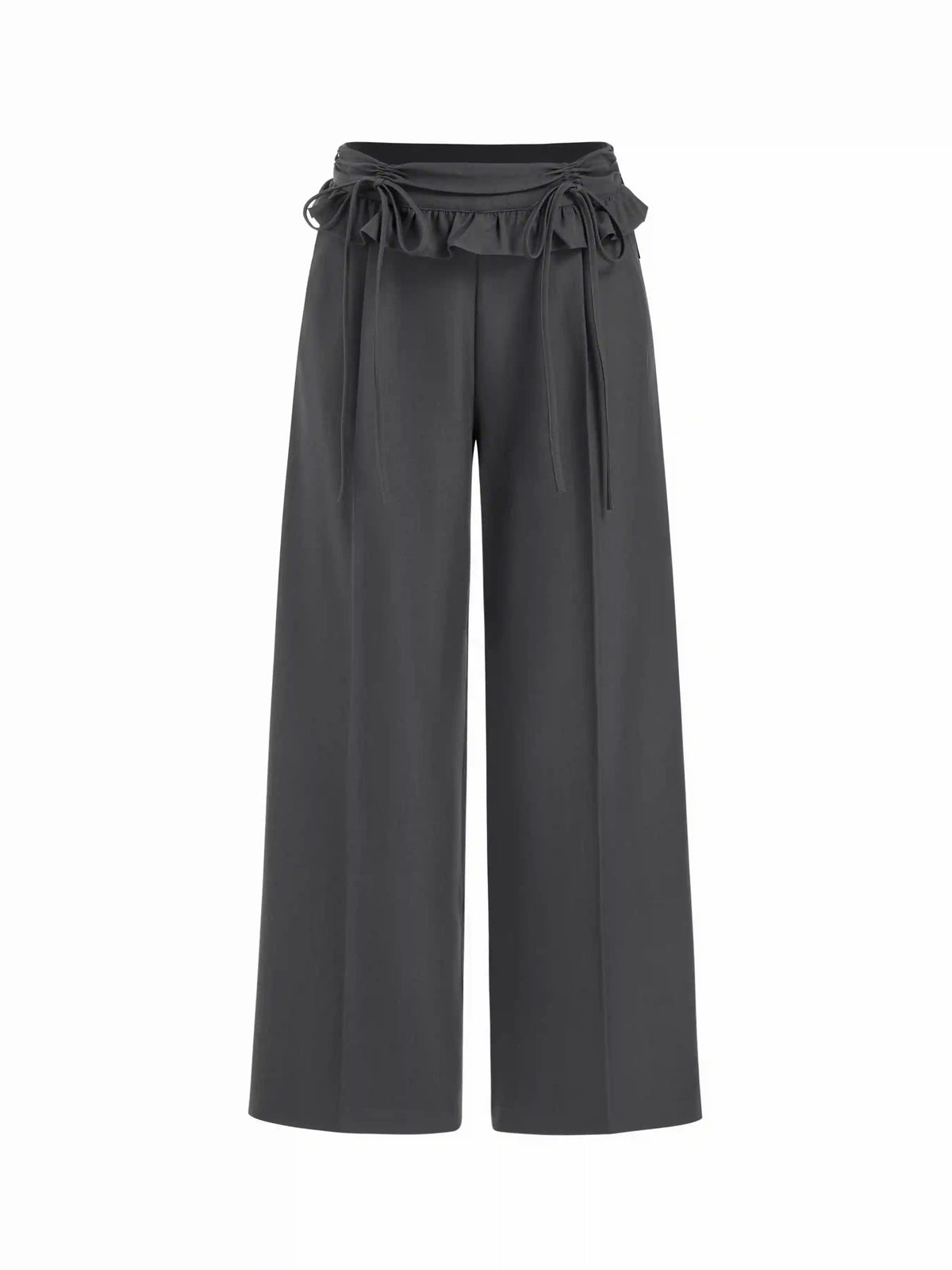 Mid Rise Ruffled Drawstring Wide Leg Trousers
