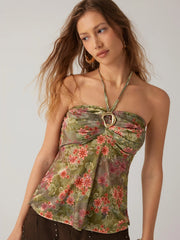 Floral Halter Neckline Metal Button Shirred Top