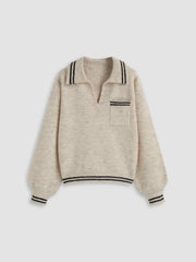 Wool-blend Collar Striped Trim Oversized Sweater